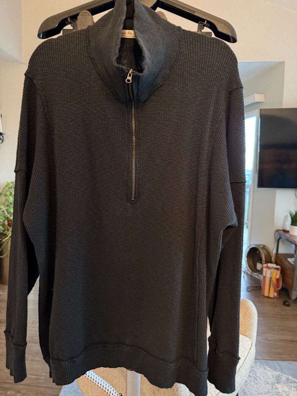 We The Free Free People Waffle Thermal Half-Zip Funnel Neck Pullover Black M